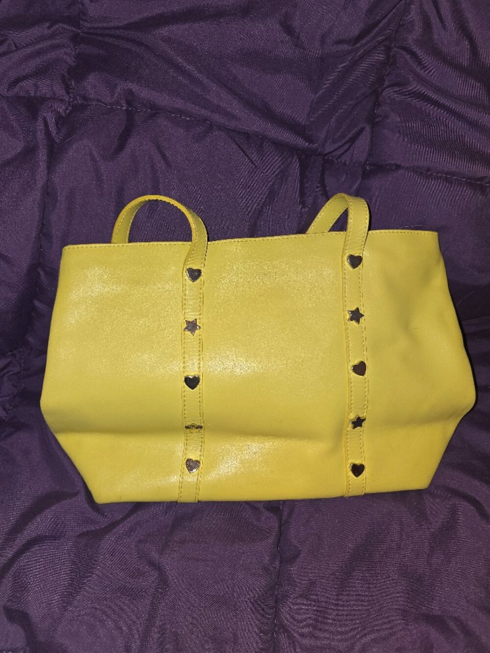 vintage Furla leather tote bag in neon yellow with heart & star rivets